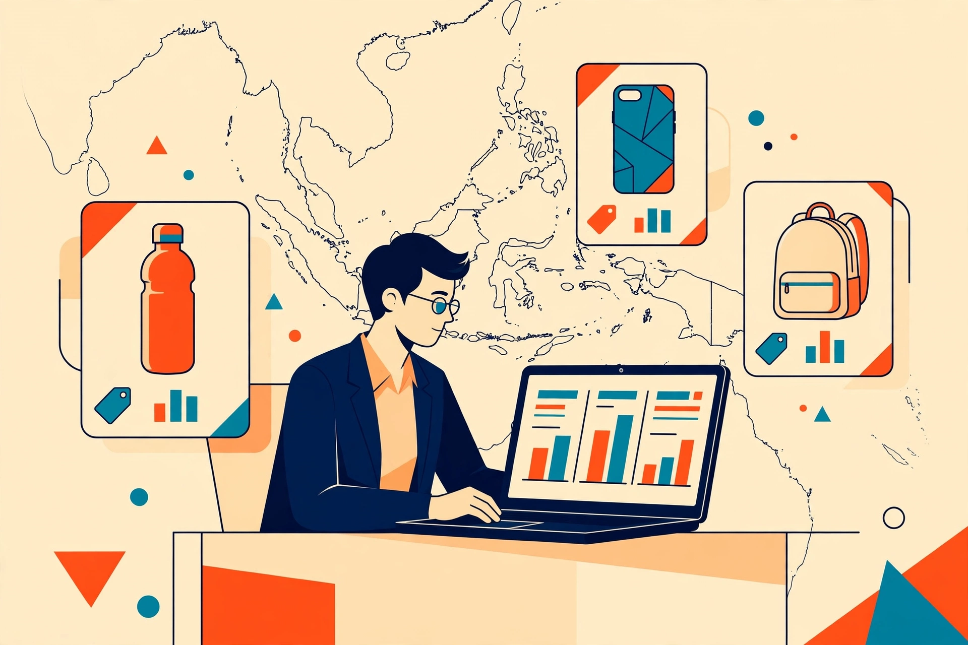 Illustration of a consultant comparing product options for Southeast Asia markets on a laptop